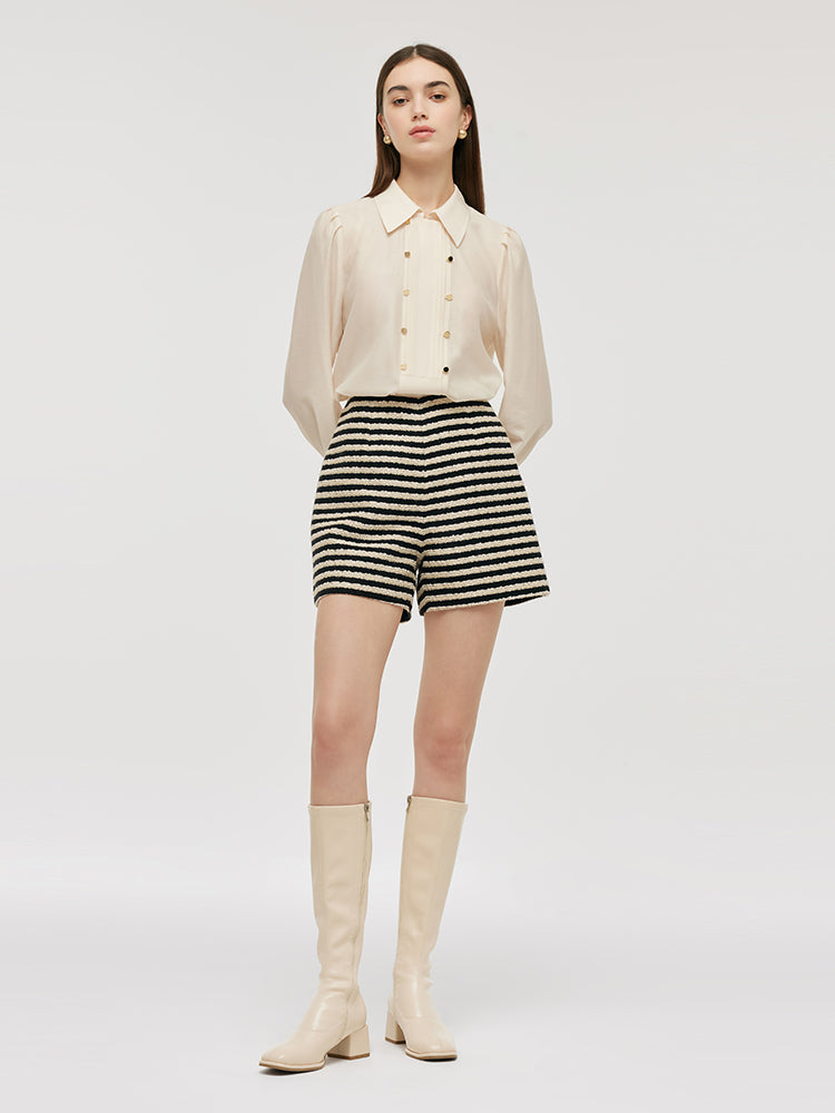 Black And White Stripe Tweed Women Shorts GOELIA