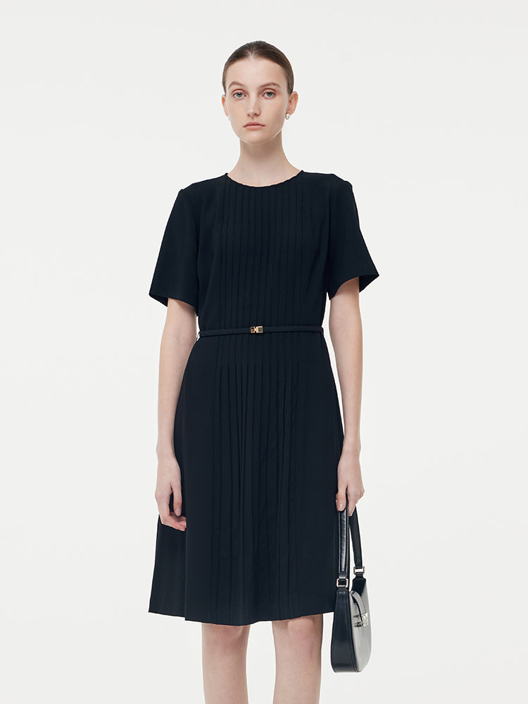 Triacetate Pleat Front Women Midi Dress With Belt And Scrunchie GOELIA