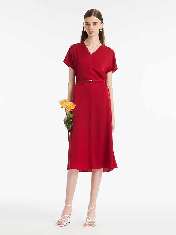 22 Momme Mulberry Silk V-Neck Women Midi Dress With Leather Belt GOELIA