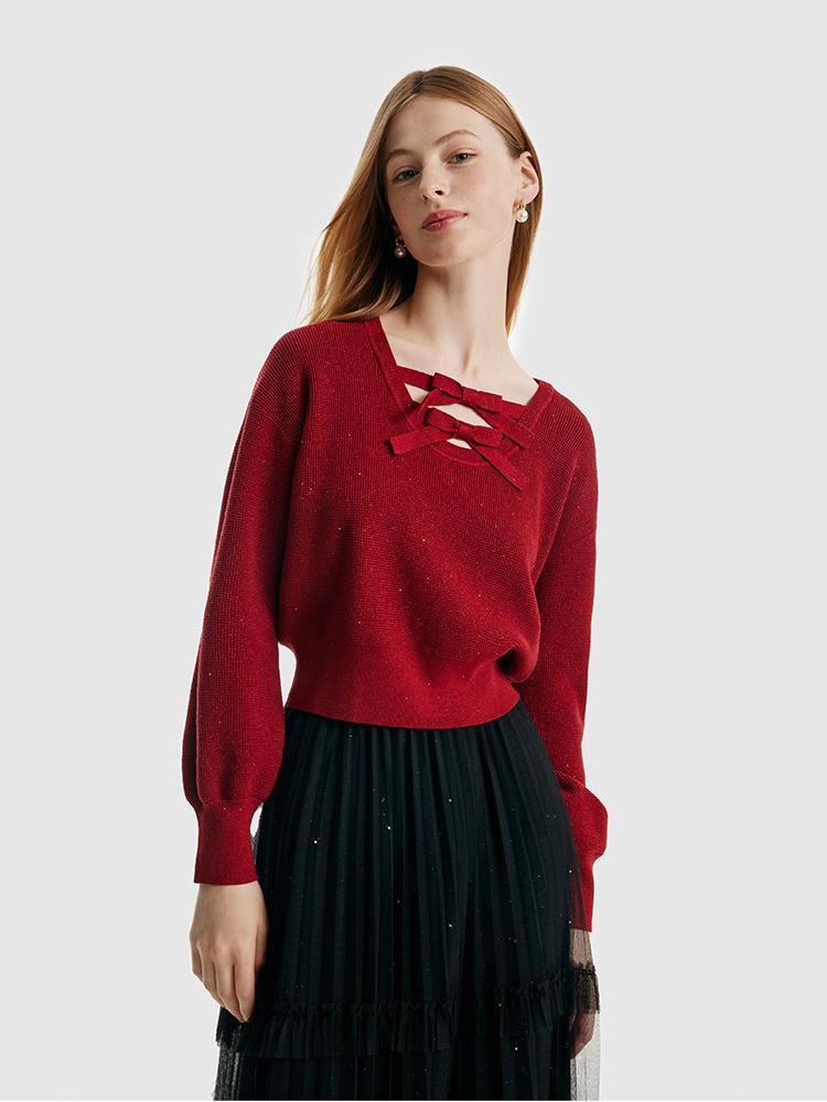 Tencel And Wool Puff Sleeve Bowknot Sweater GOELIA