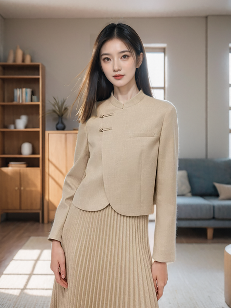 New Chinese-Style Mandarin Collar Crop Jacket And Pleated Skirt Two-Piece Set GOELIA