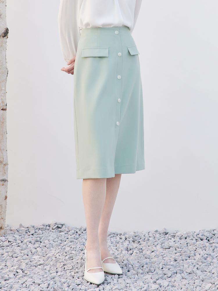 Mint Green Single-Breasted Slit Skirt GOELIA