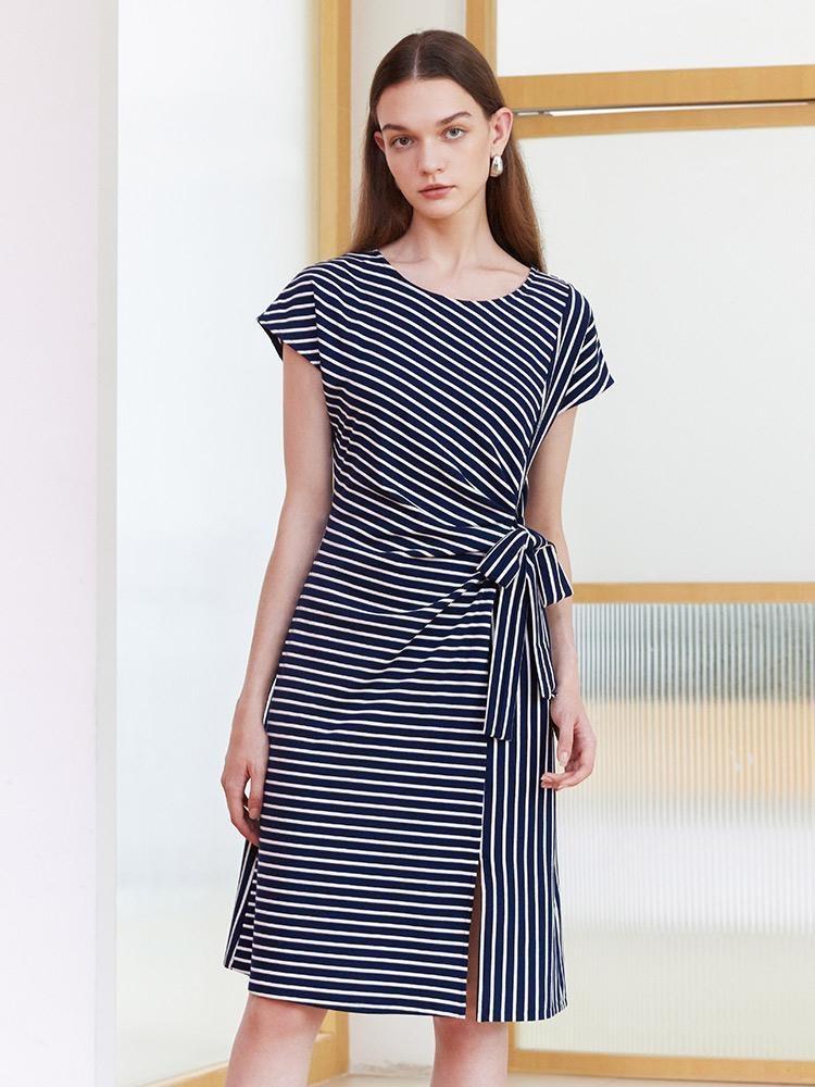 Navy Blue Stripe Wrap Mini Dress – GOELIA