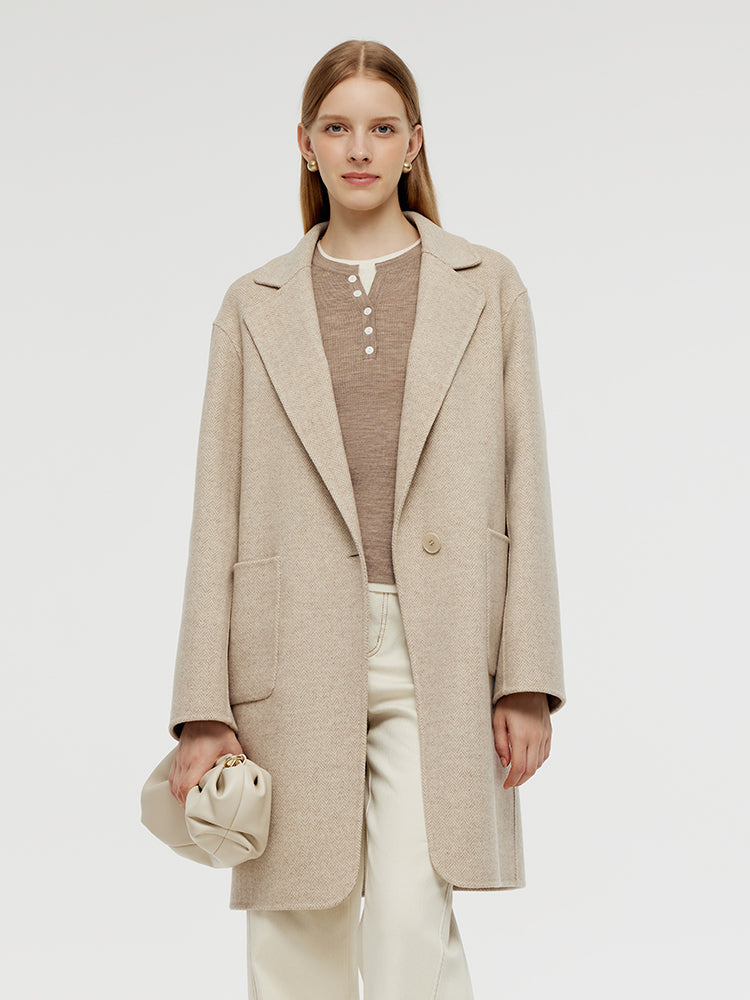 Wool Cashmere Herringbone Women Mid-Length Coat GOELIA