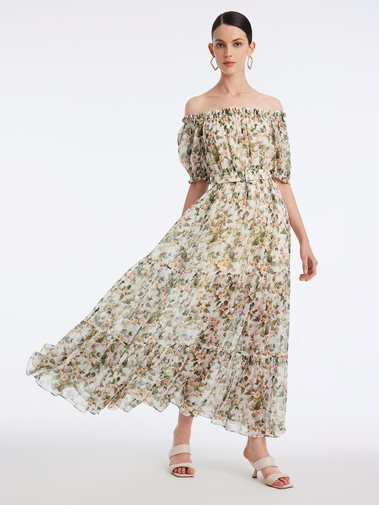 Silk Floral Print Maxi Dress GOELIA