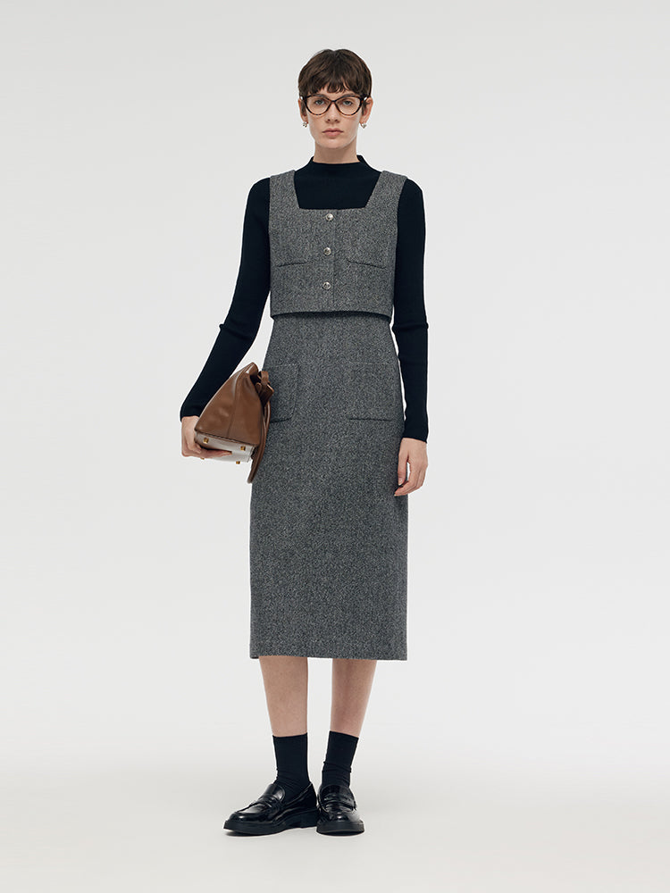 Washable Wool Vest Midi Dress And Knit Top Two-Piece Set GOELIA