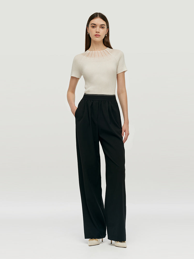 Worsted Woolen Straight Pants With Elastic Waistband GOELIA