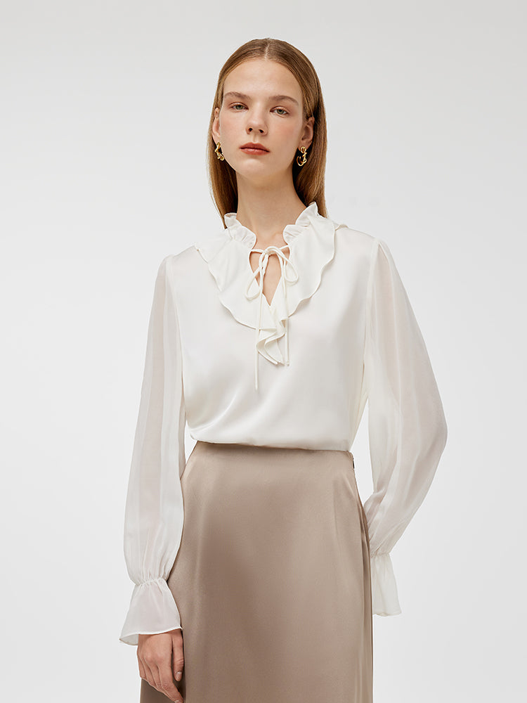 22 Momme Mulberry Silk Ruffle Collar Women Shirt GOELIA