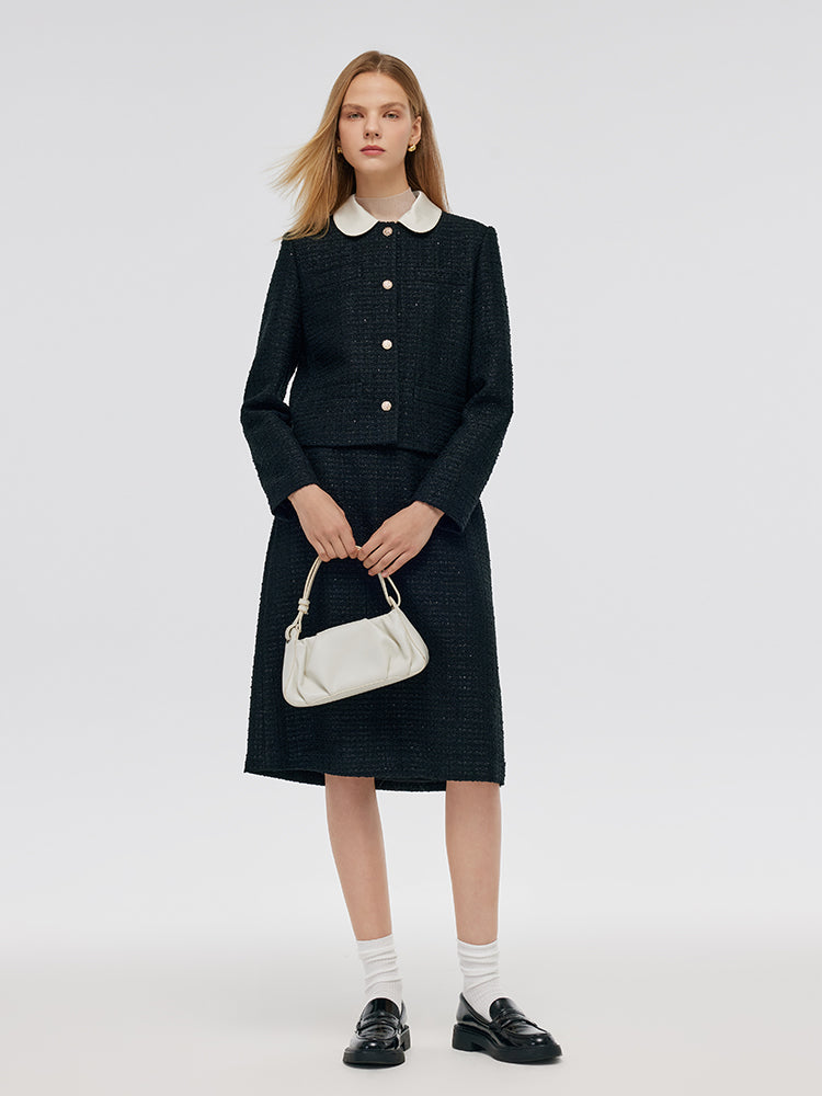 Tweed Crop Jacket And A-Line Skirt Two-Piece Set With Detachable Contrast Collar GOELIA