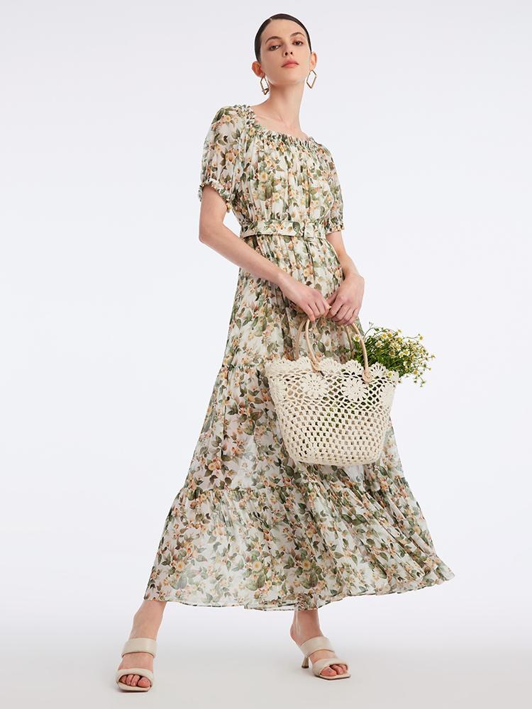 Silk Floral Print Maxi Dress GOELIA