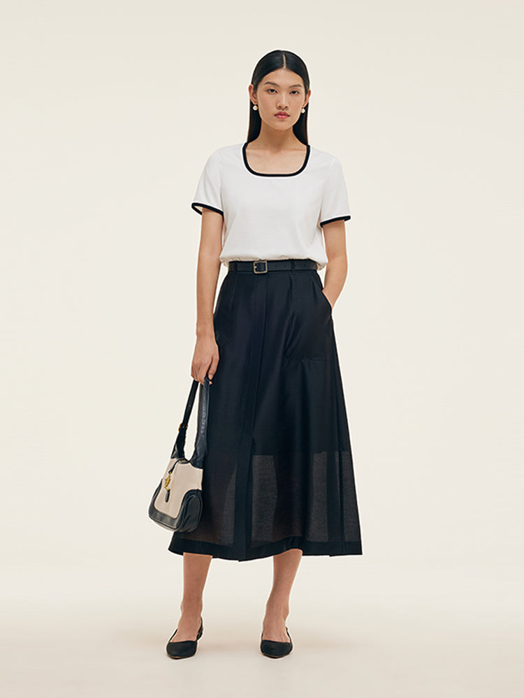 Contrast Trim Knit Top And Skirt Two-Piece Set With Belt GOELIA