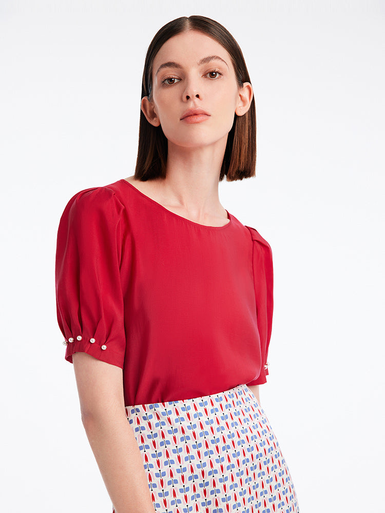 Chili Red Puff Sleeve Shirt GOELIA