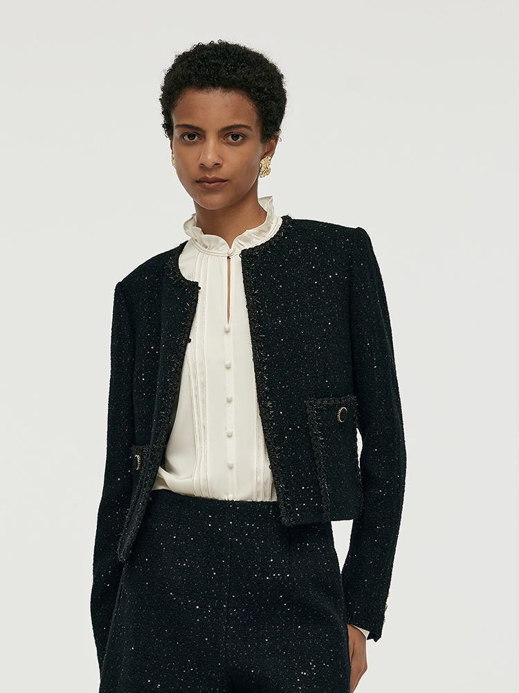 Wool Blend Tweed Sequins Women Crop Jacket GOELIA