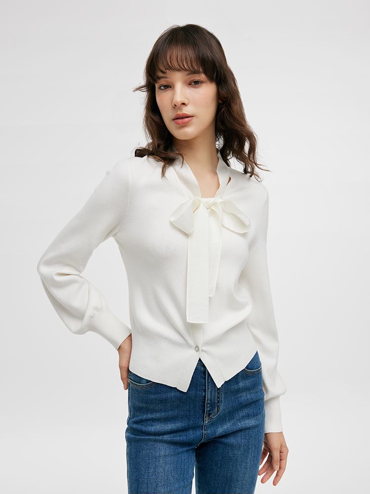 Tencel Wool Bow Tie Neck Women Cardigan GOELIA