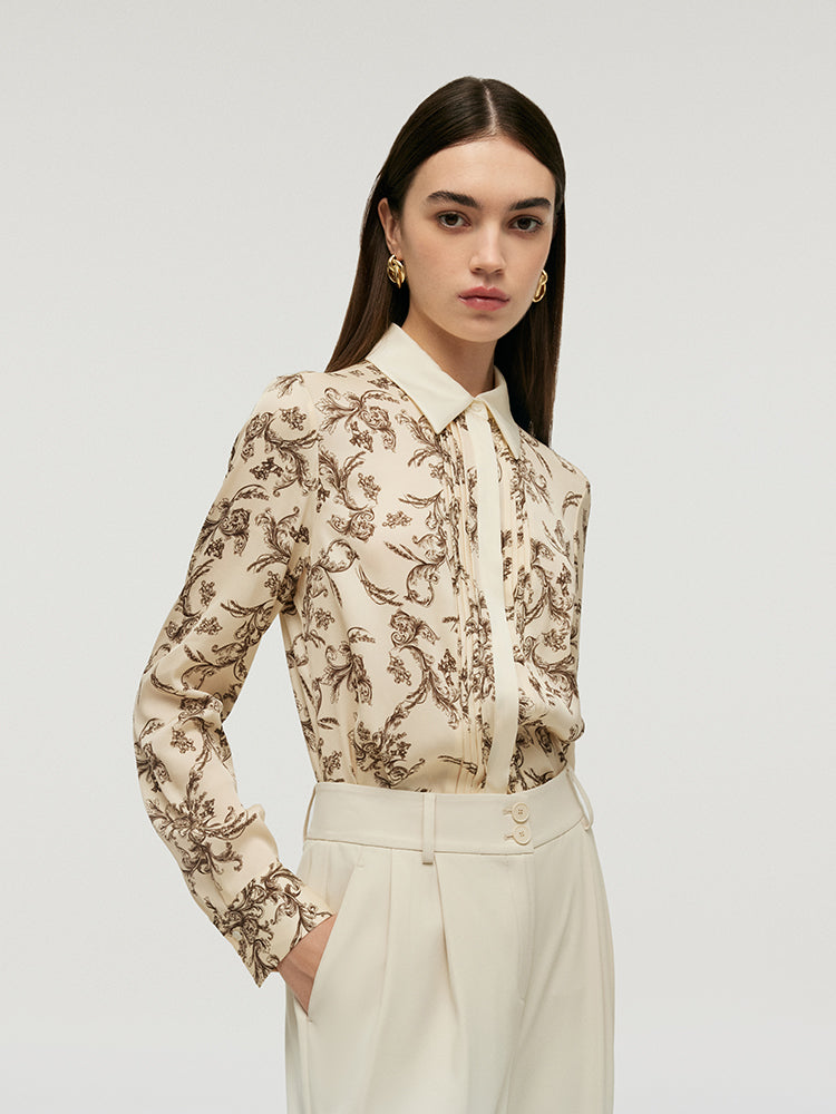 19 Momme Mulberry Silk Floral Printed Lapel Women Shirt GOELIA