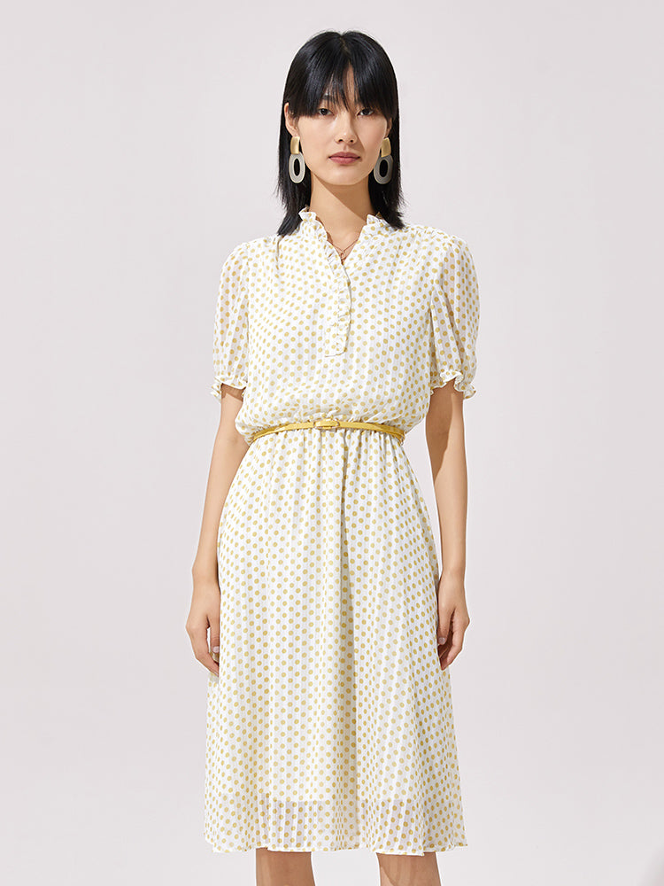 Short Sleeve Gathered Waist Polka Dots Midi Dress GOELIA