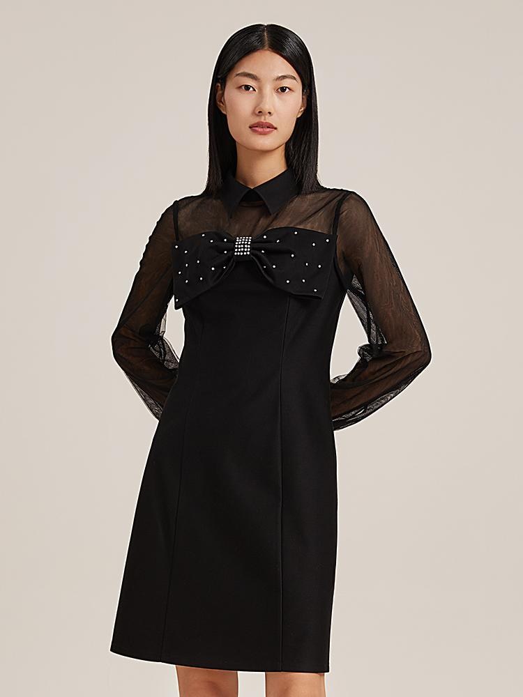 Black See-Through Bow Tie Mini Dress GOELIA