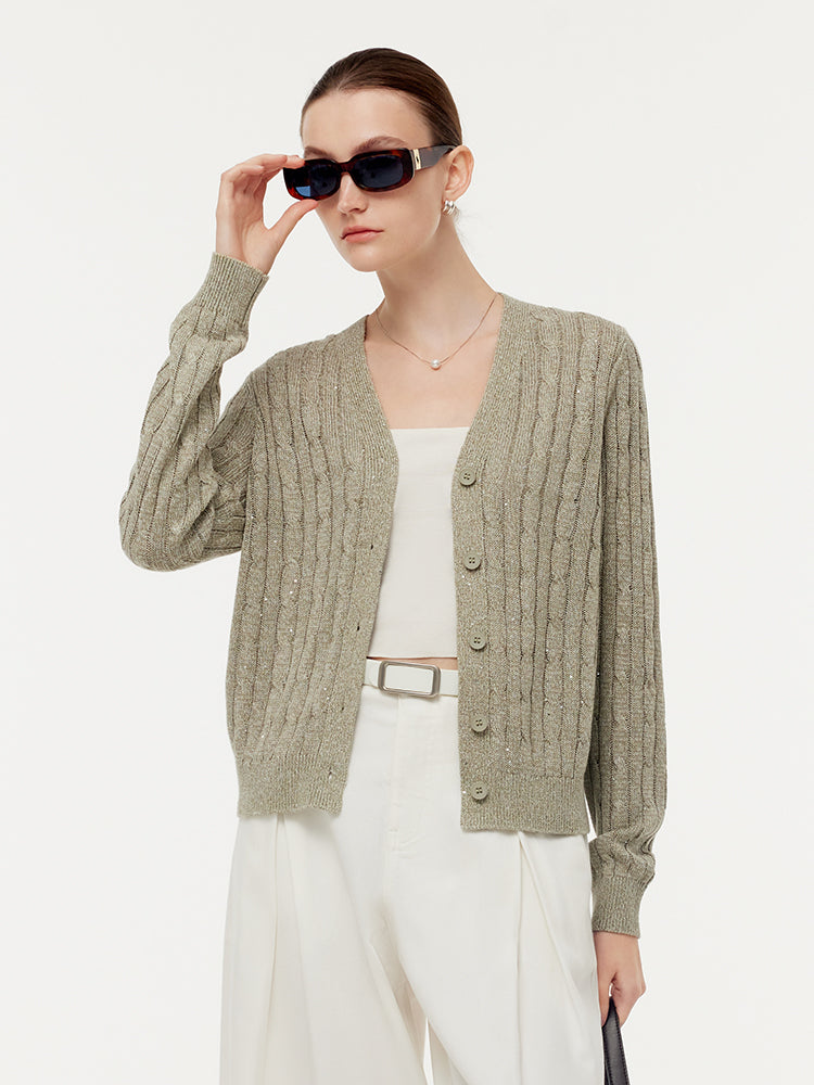 Linen Sequins Openwork Women Knit Cardigan GOELIA