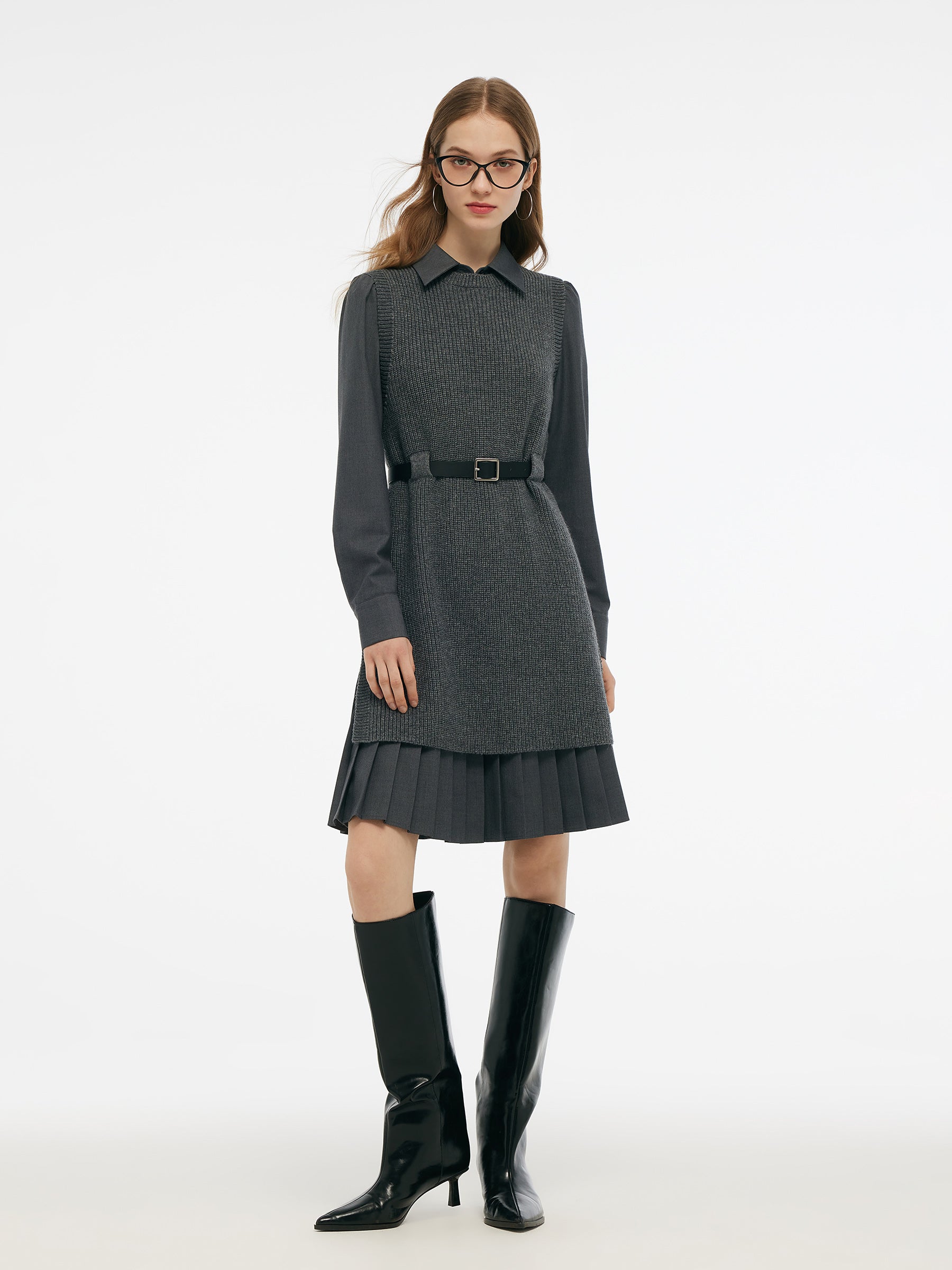 Wool Blend Knit Vest And Shirt Mini Dress Two-Piece Set With Belt GOELIA