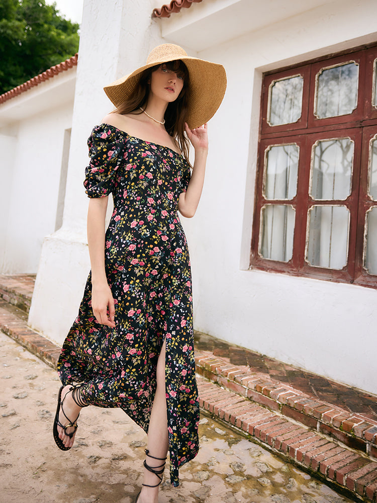 Mulberry Silk Rose Printed Women Maxi Dress GOELIA