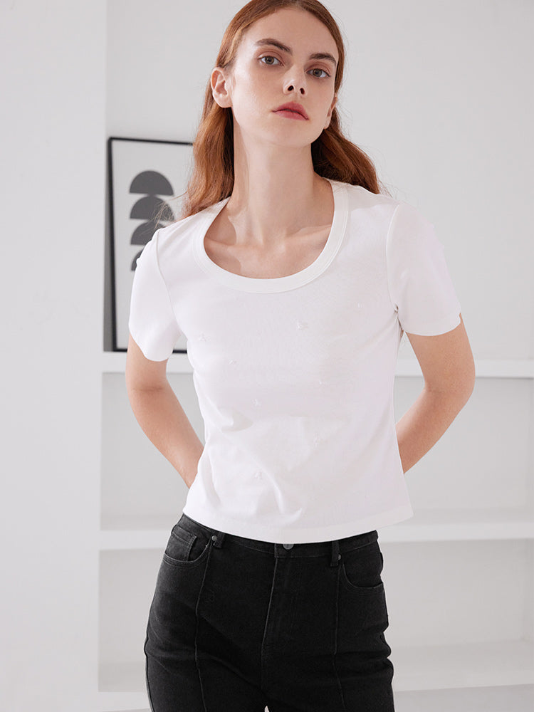 Round Neck Bead Slim T-shirt GOELIA