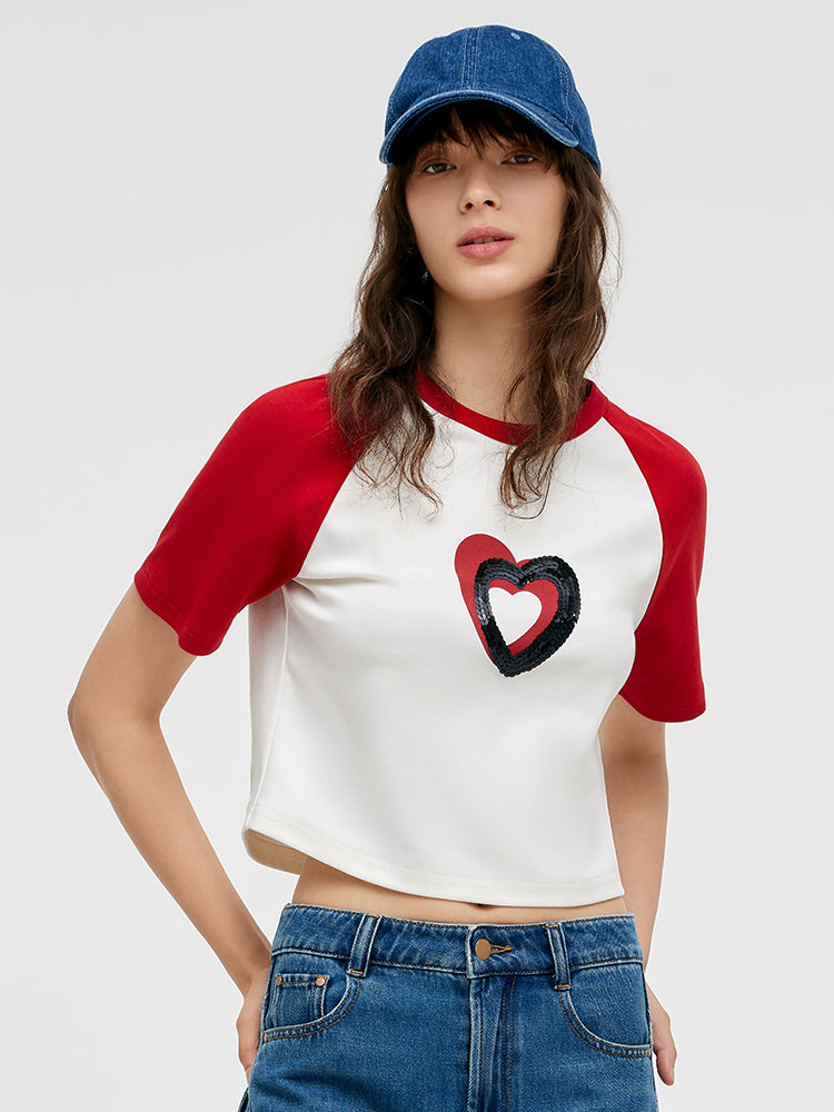 Raglan Sleeves Heart Printed Sequins Women Crop T-Shirt GOELIA