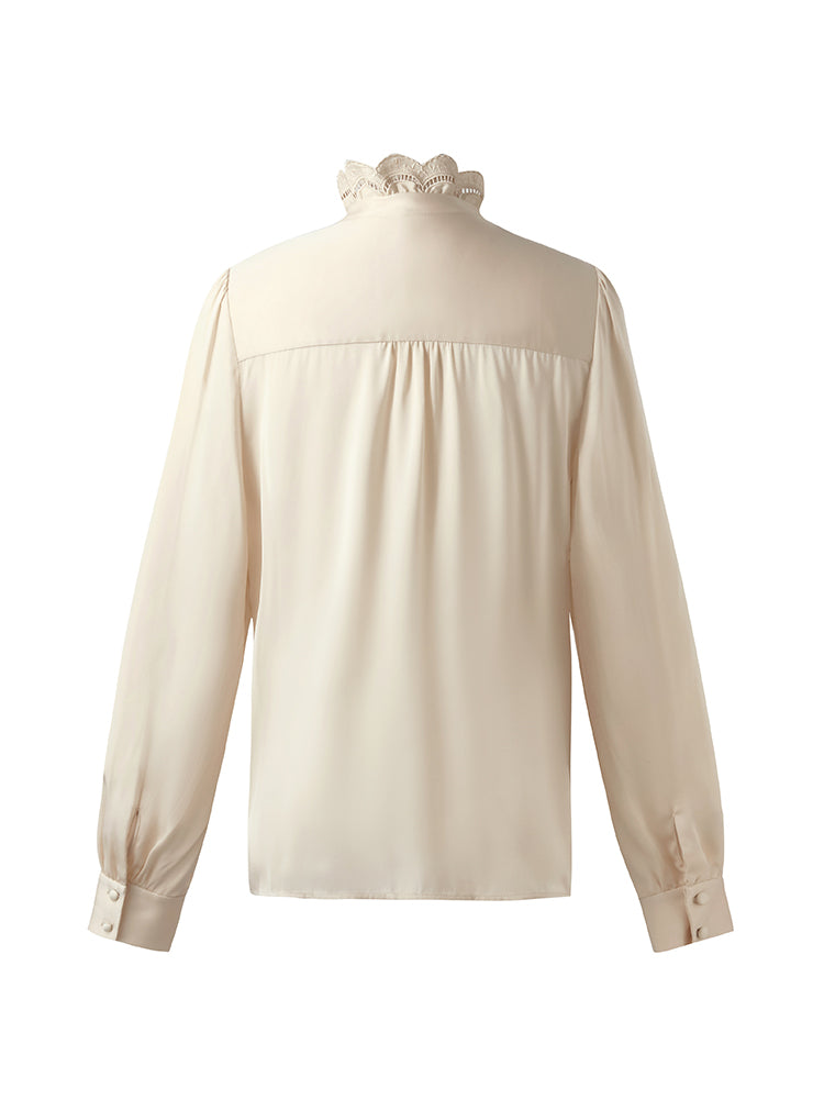 19 Momme Mulberry Silk Ruffle Stand Collared Women Shirt GOELIA