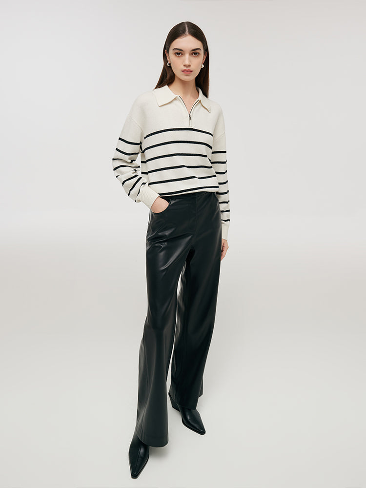 Wool Black And White Stripe Women Sweater GOELIA