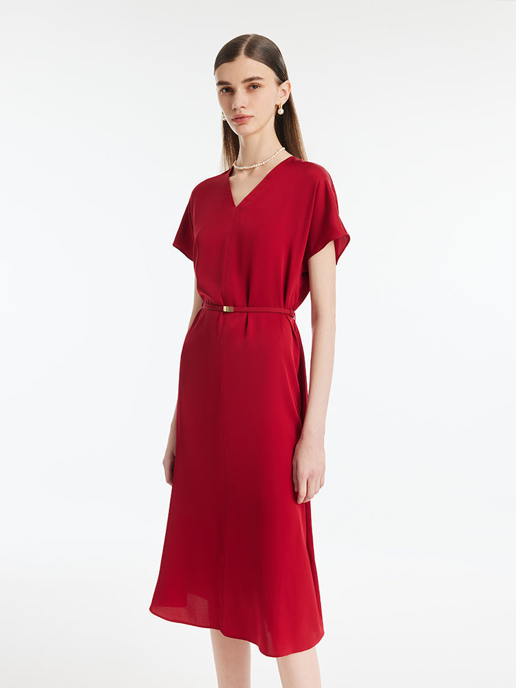 22 Momme Mulberry Silk V-Neck Women Midi Dress With Leather Belt GOELIA