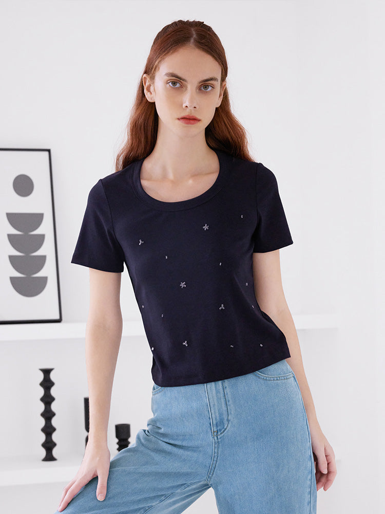 Round Neck Bead Slim T-shirt GOELIA