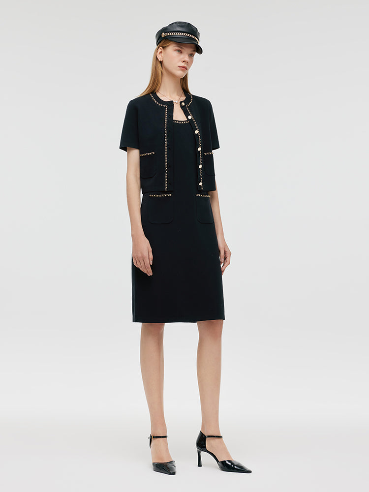 Chain Trim Knitted Jacket And Vest Dress Two-Piece Set GOELIA
