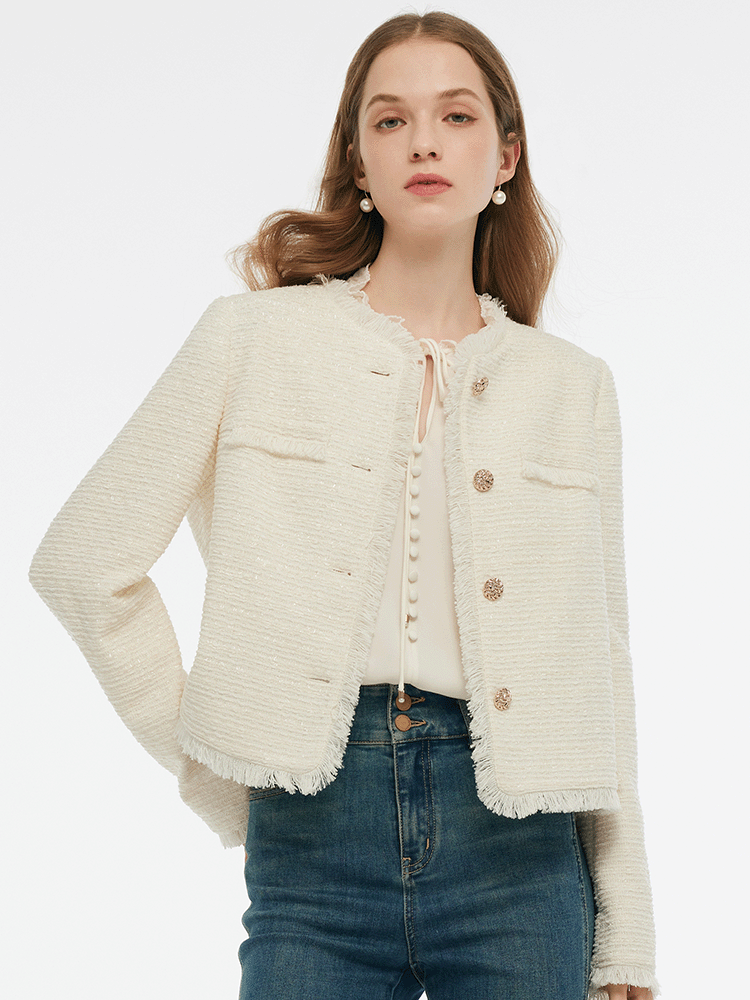 Tweed Collarless Women Crop Jacket GOELIA