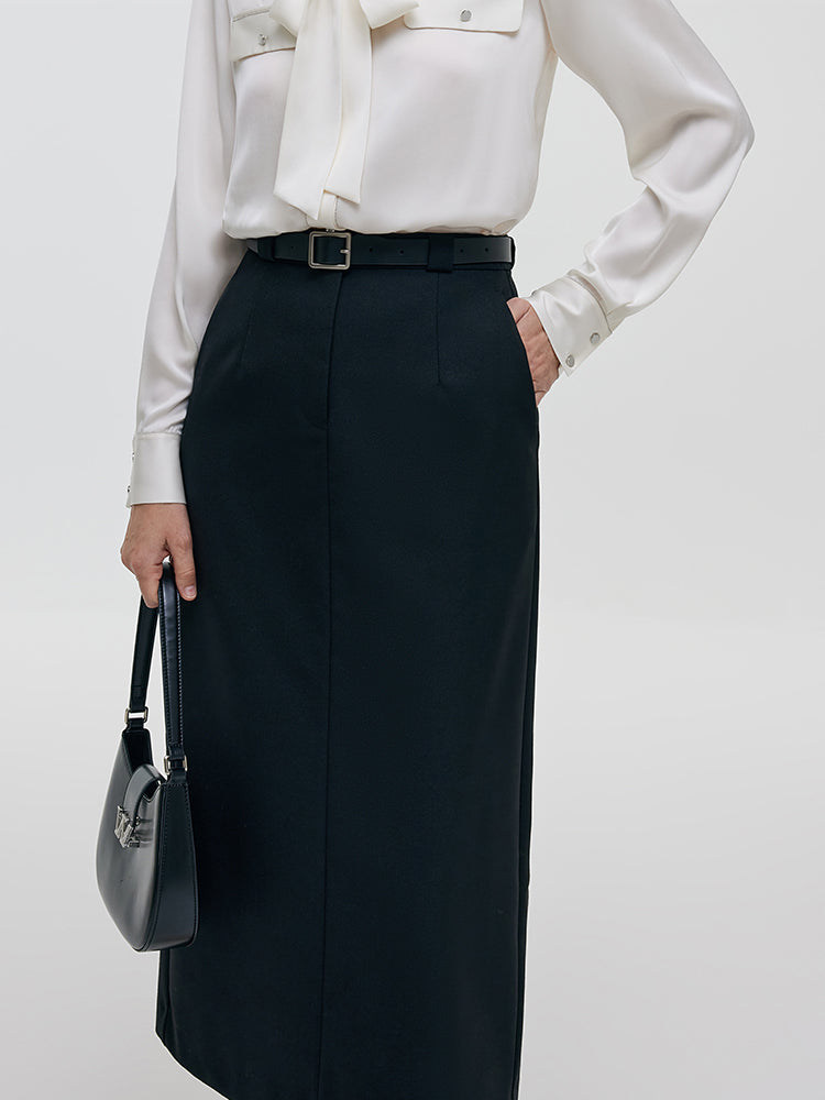 Worsted Wool Women Column Skirt With Leather Belt GOELIA