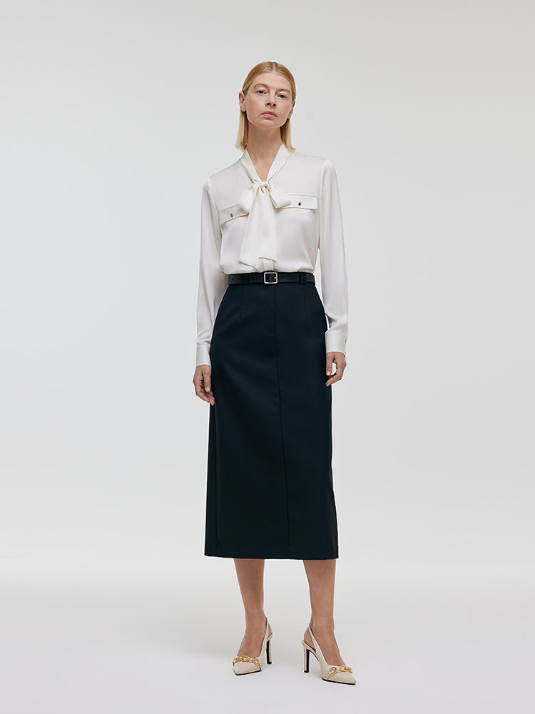 Worsted Wool Women Column Skirt With Leather Belt GOELIA