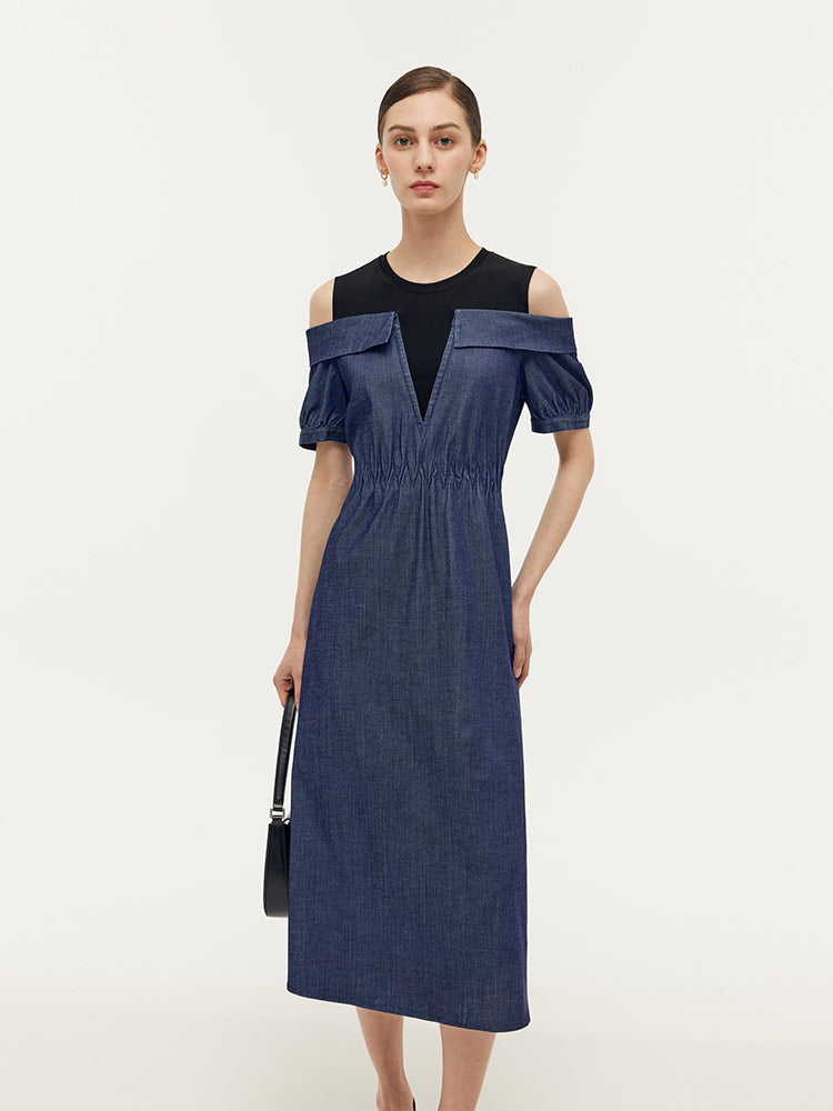 Denim Lyocell Cold Shoulder Patchwork Women Midi Dress GOELIA