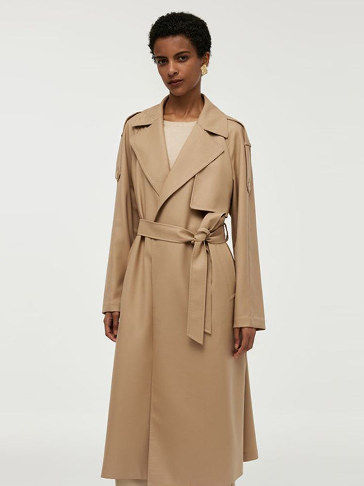 Worsted Wool Lapel Women Trench Coat With Belt GOELIA