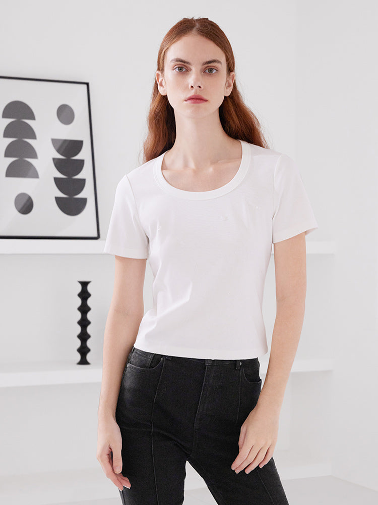 Round Neck Bead Slim T-shirt GOELIA