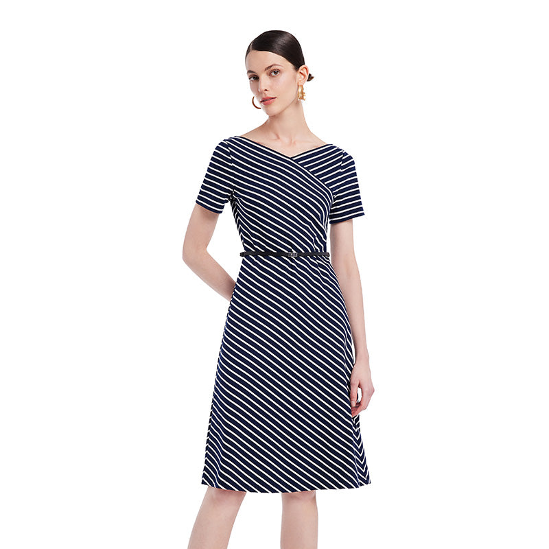 Knitted Stripe Dress With Leather Belt GOELIA