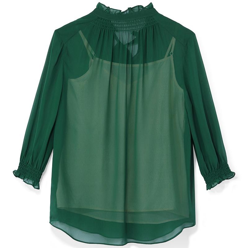 Green 10 Momme Silk Tied Women Blouse GOELIA