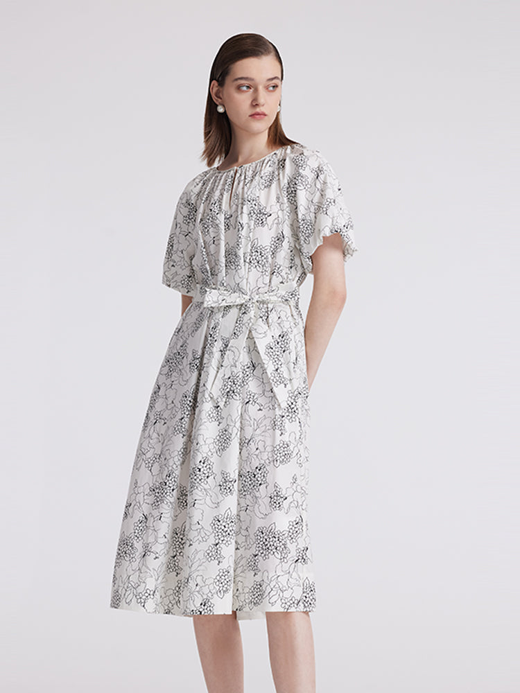 Puff Sleeves Iris Printed Women Midi Dress With Belts GOELIA