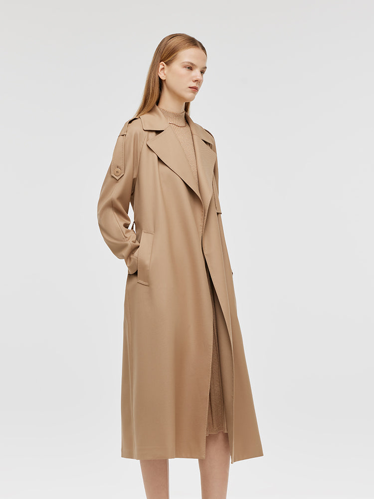 Worsted Wool Lapel Women Trench Coat With Belt GOELIA