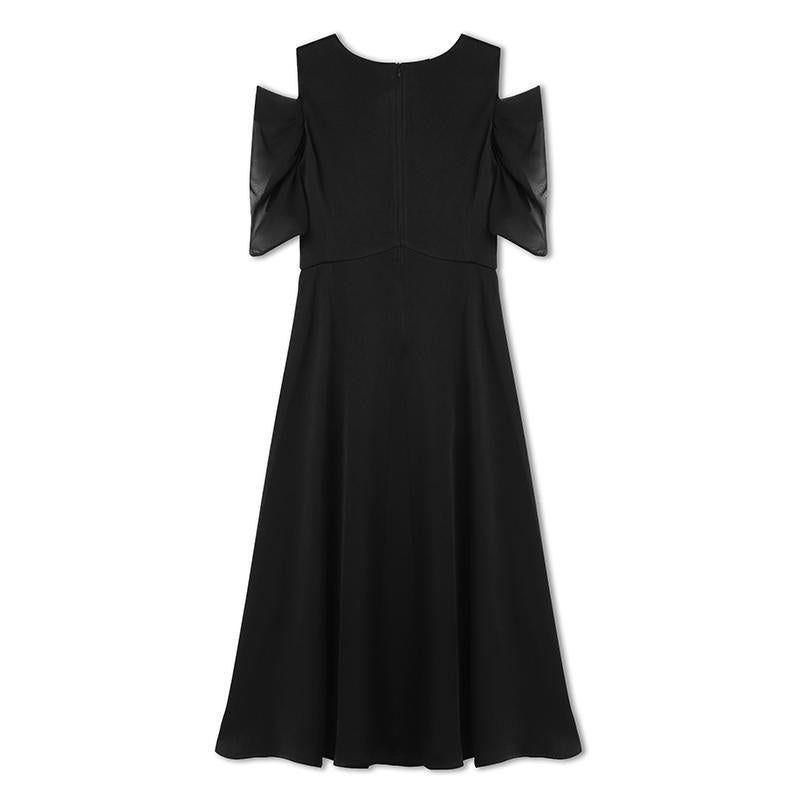 Black Triacetate Gathered Waist V-Neck Midi Dress GOELIA