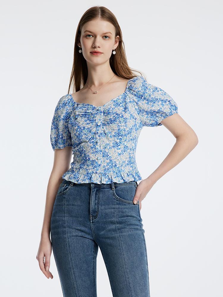 Blue Floral Print Women Blouse GOELIA