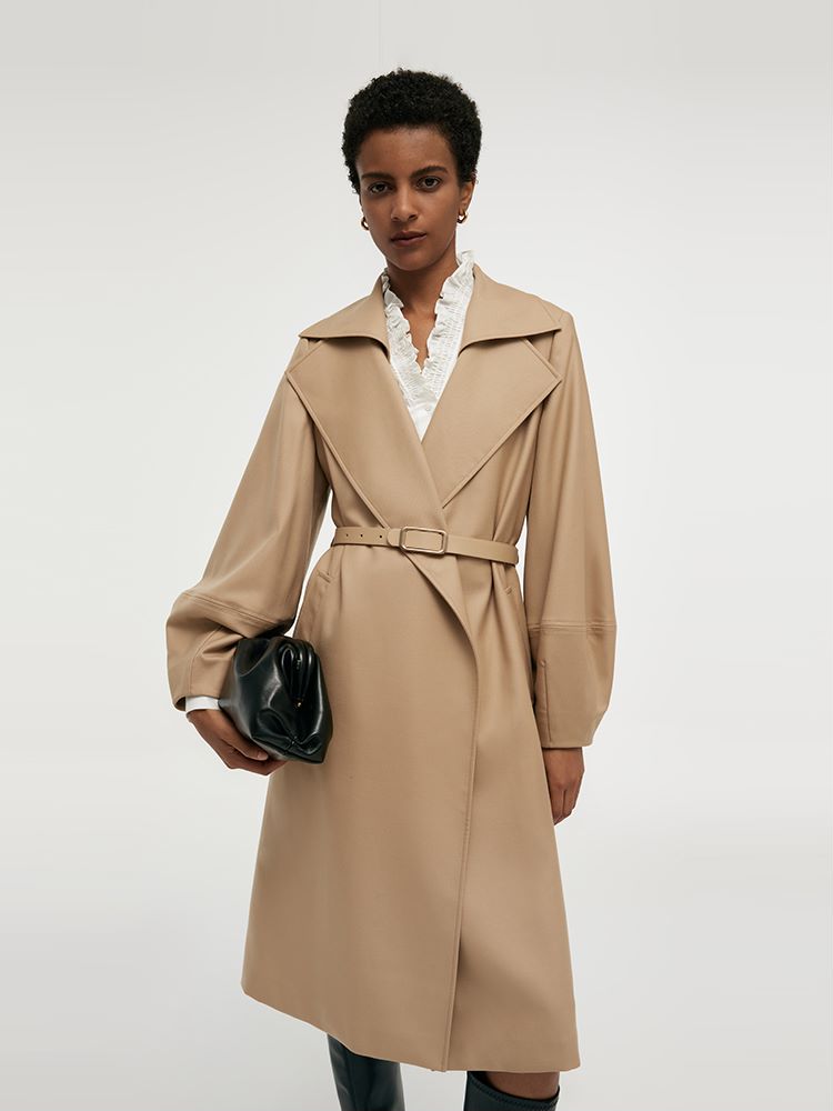 Worsted Wool Lantern Sleeve Women Trench Coat With Leather Belt GOELIA