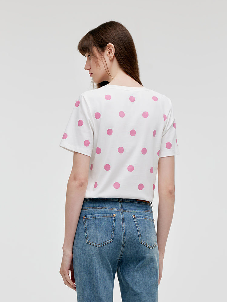 Polka Dots Printed Round Neck Women T-Shirt GOELIA