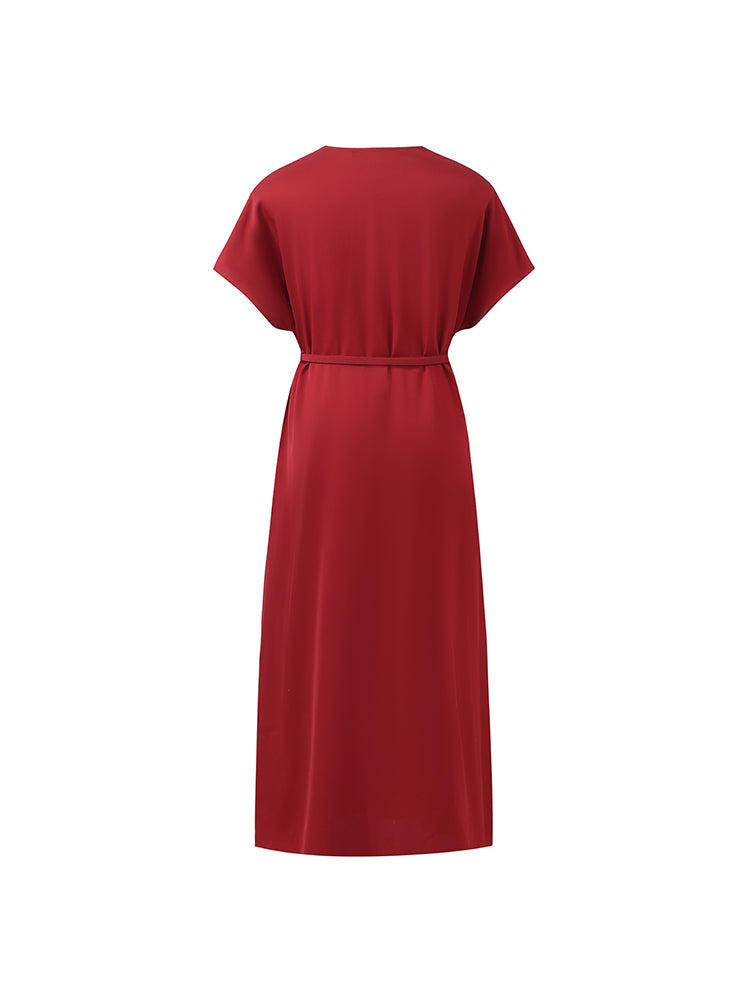 22 Momme Mulberry Silk V-Neck Women Midi Dress With Leather Belt GOELIA