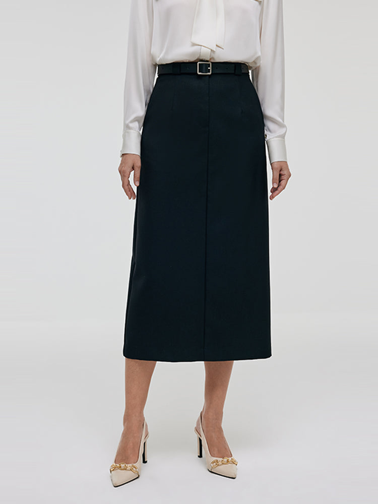 Worsted Wool Women Column Skirt With Leather Belt GOELIA