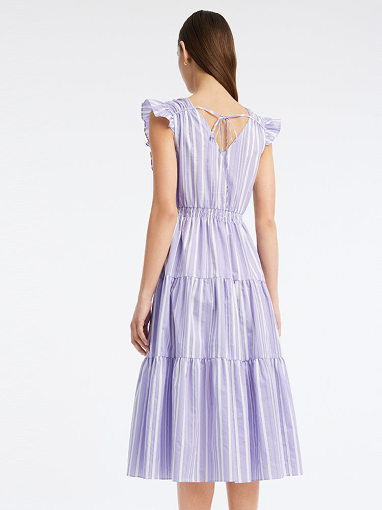 Stripe Pleated Fly Sleeve Dress GOELIA