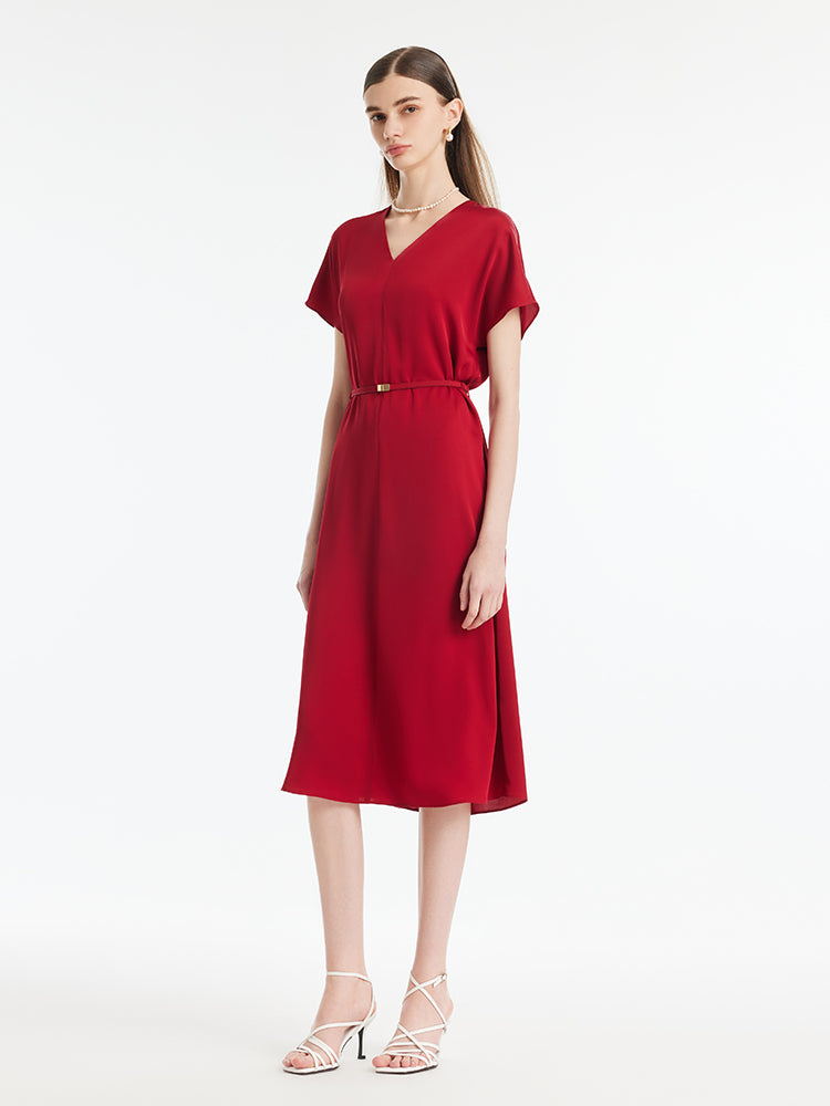 22 Momme Mulberry Silk V-Neck Women Midi Dress With Leather Belt GOELIA