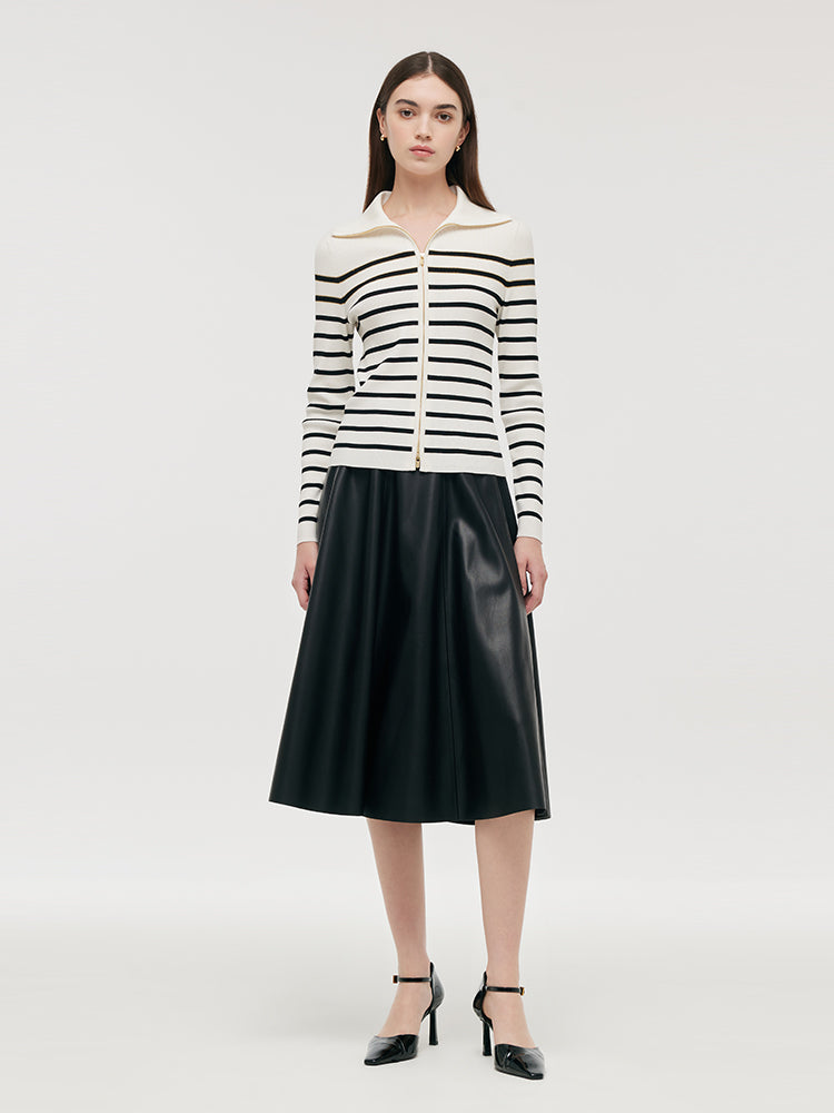 Black And White Stripe Zip-Up Women Cardigan GOELIA